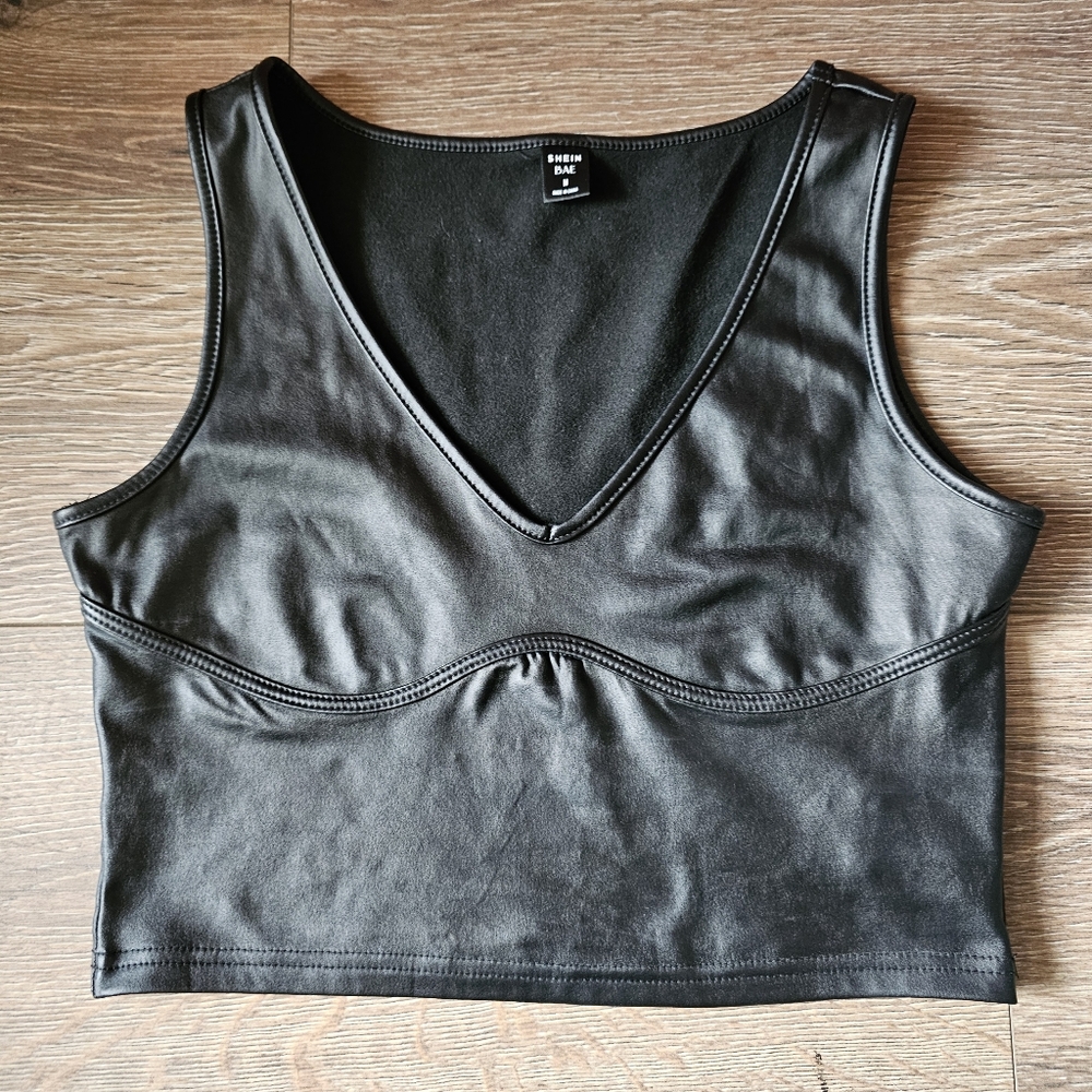 Faux Leather Cropped Tank Top Sexy Party - Picture 3 of 7